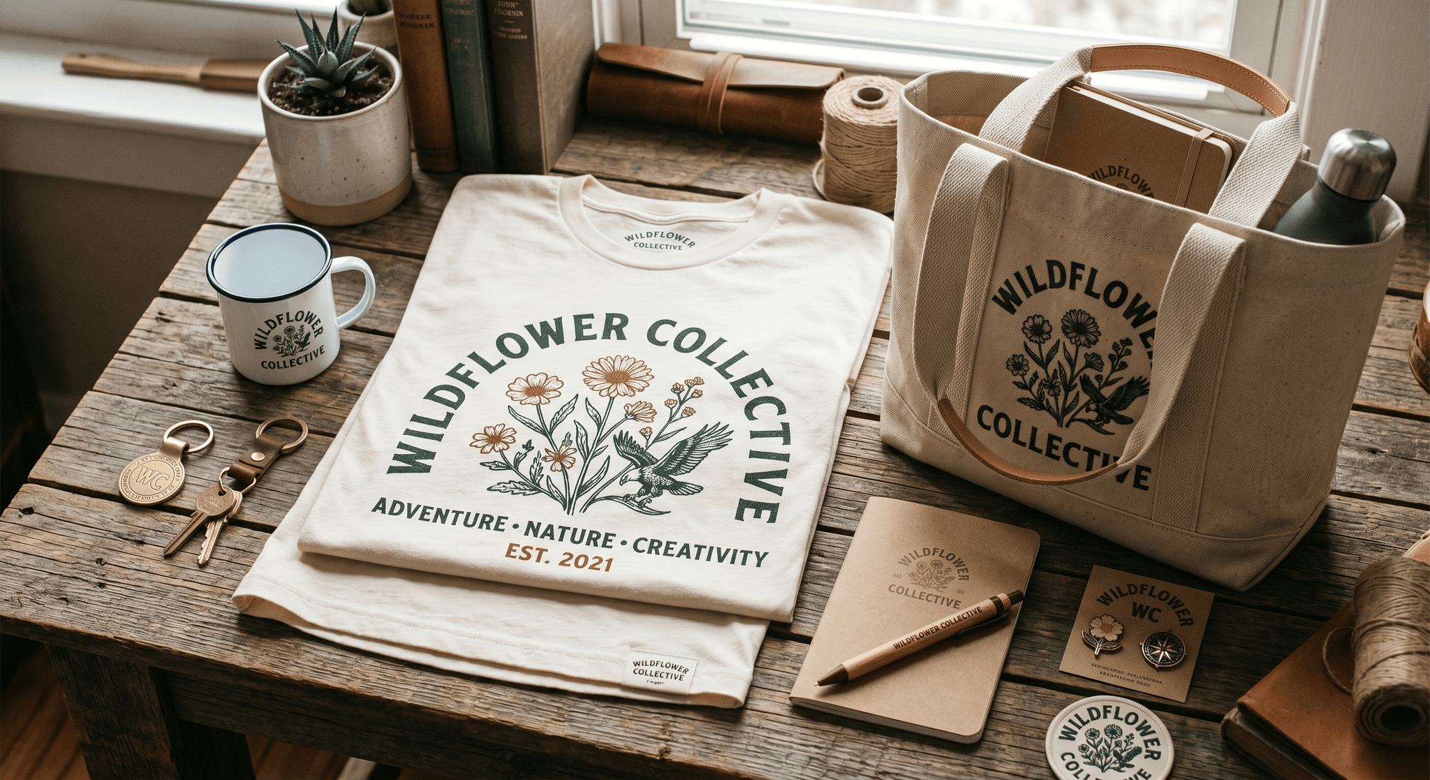 Branded apparel and merch including a printed t-shirt, tote, and accessories styled together