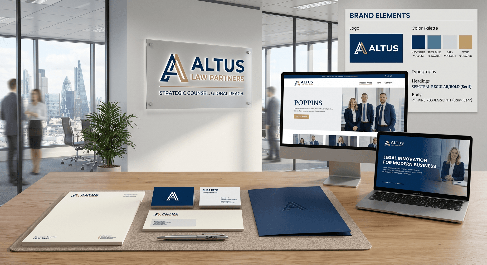 A brand identity system laid out across stationery, signage, and screens showing logo, color, and typography