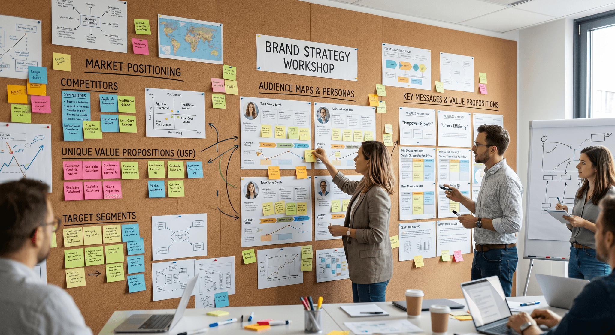 A strategy workshop wall with positioning notes, audience maps, and messaging pinned up