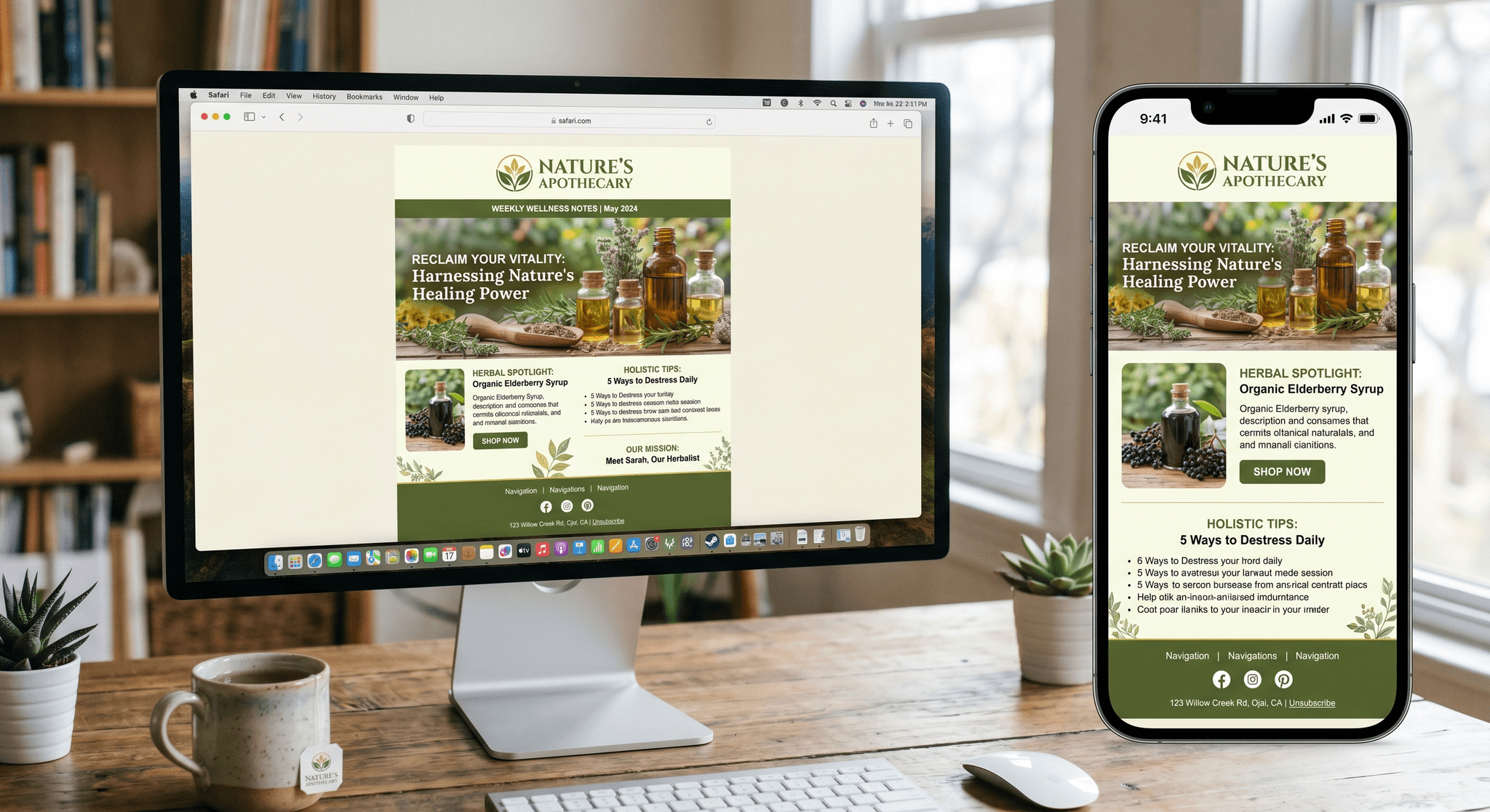 A branded email newsletter and an automated flow diagram shown on desktop and mobile