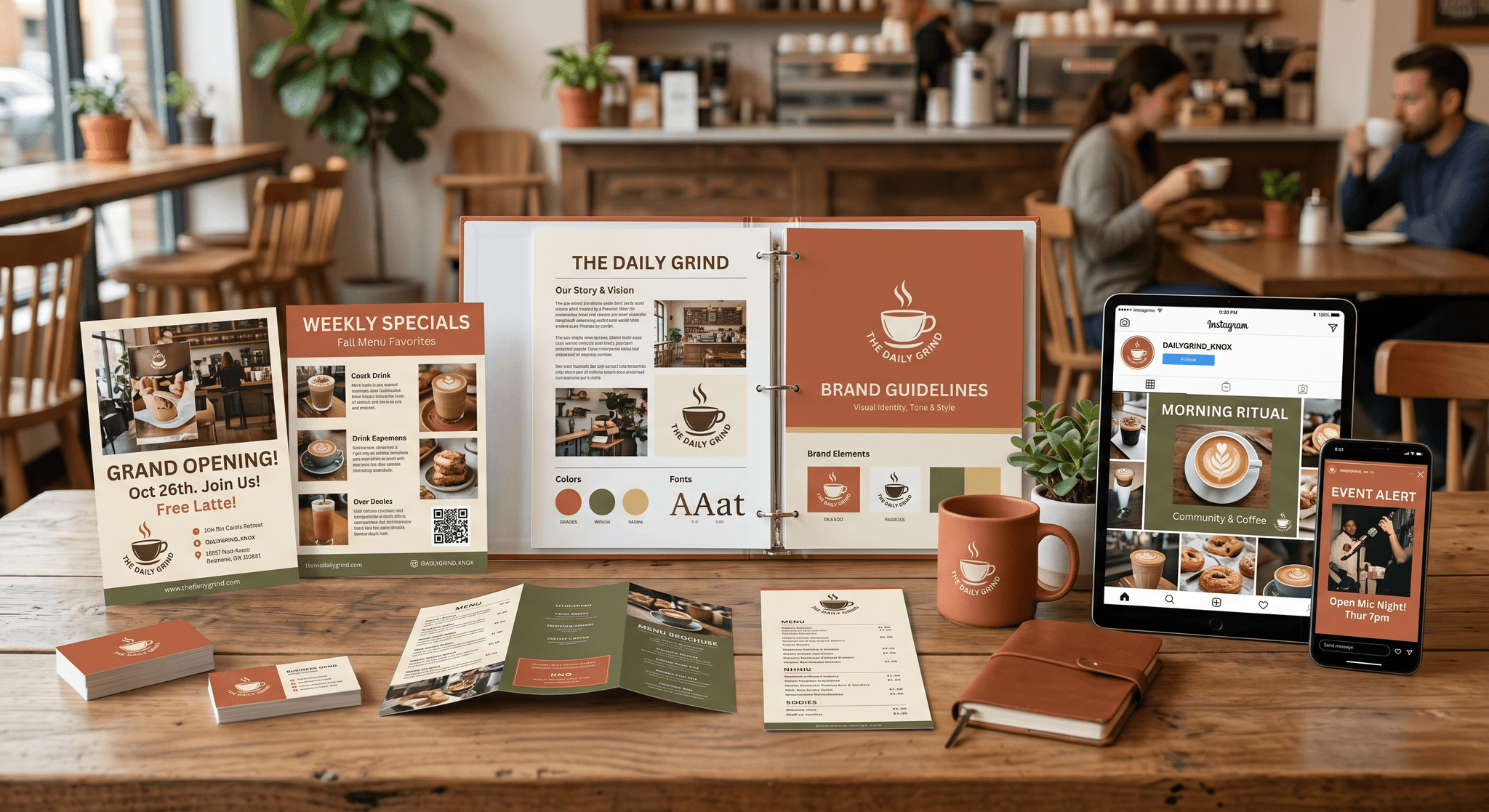 A spread of graphic design collateral including flyers, social graphics, and a presentation layout