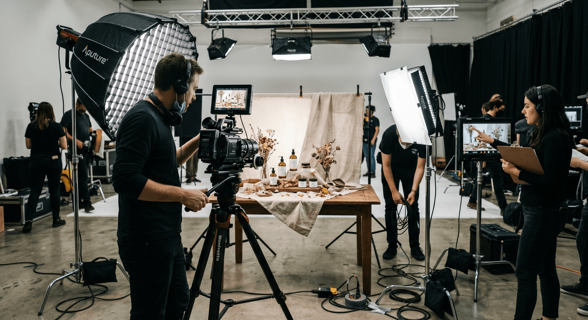 A photo and video shoot in progress with lighting, a product set, and a camera framing the shot