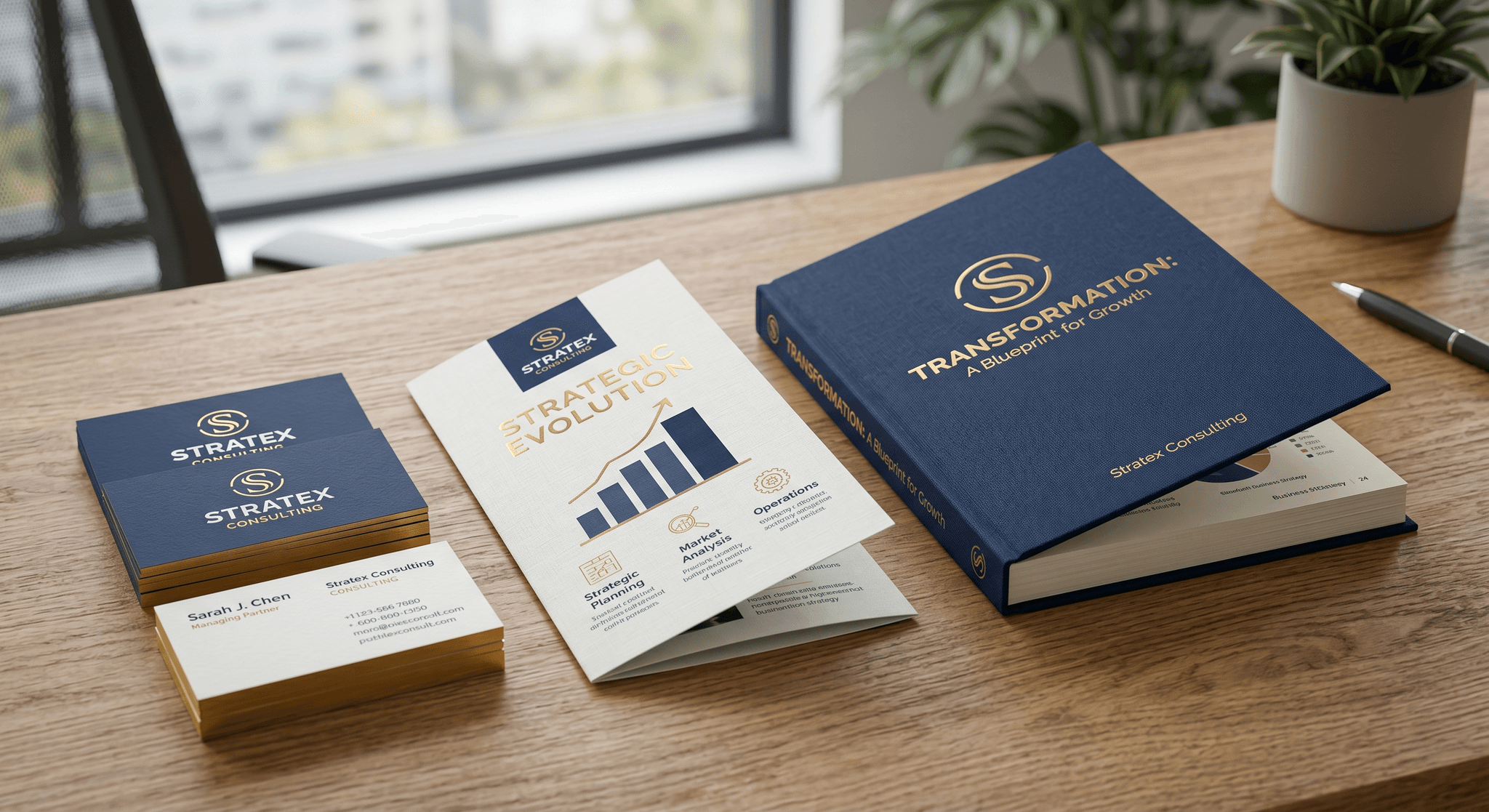 A set of printed materials including business cards, a brochure, and a book showing paper and finish