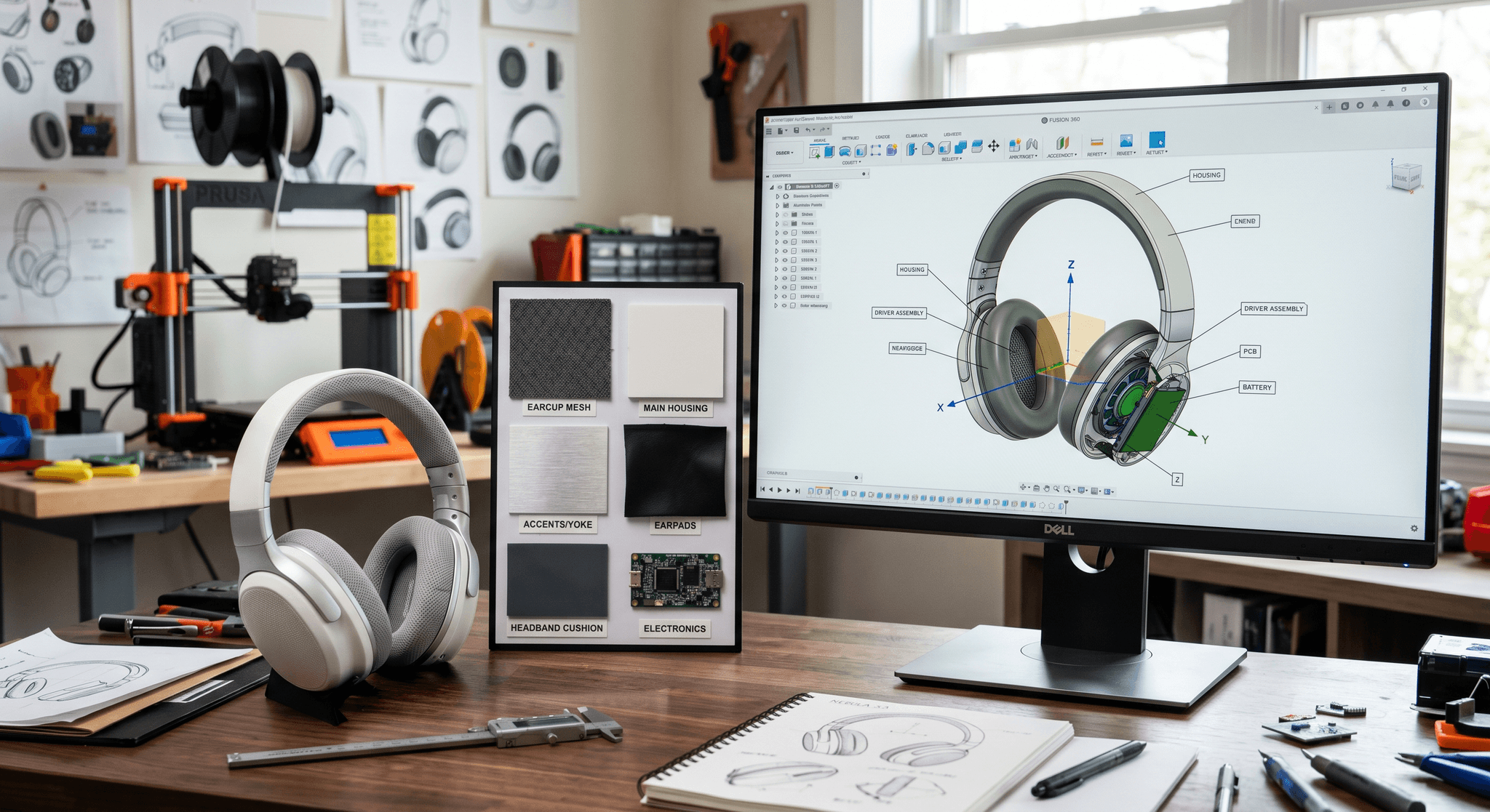 A physical product prototype shown alongside its 3D model and material samples