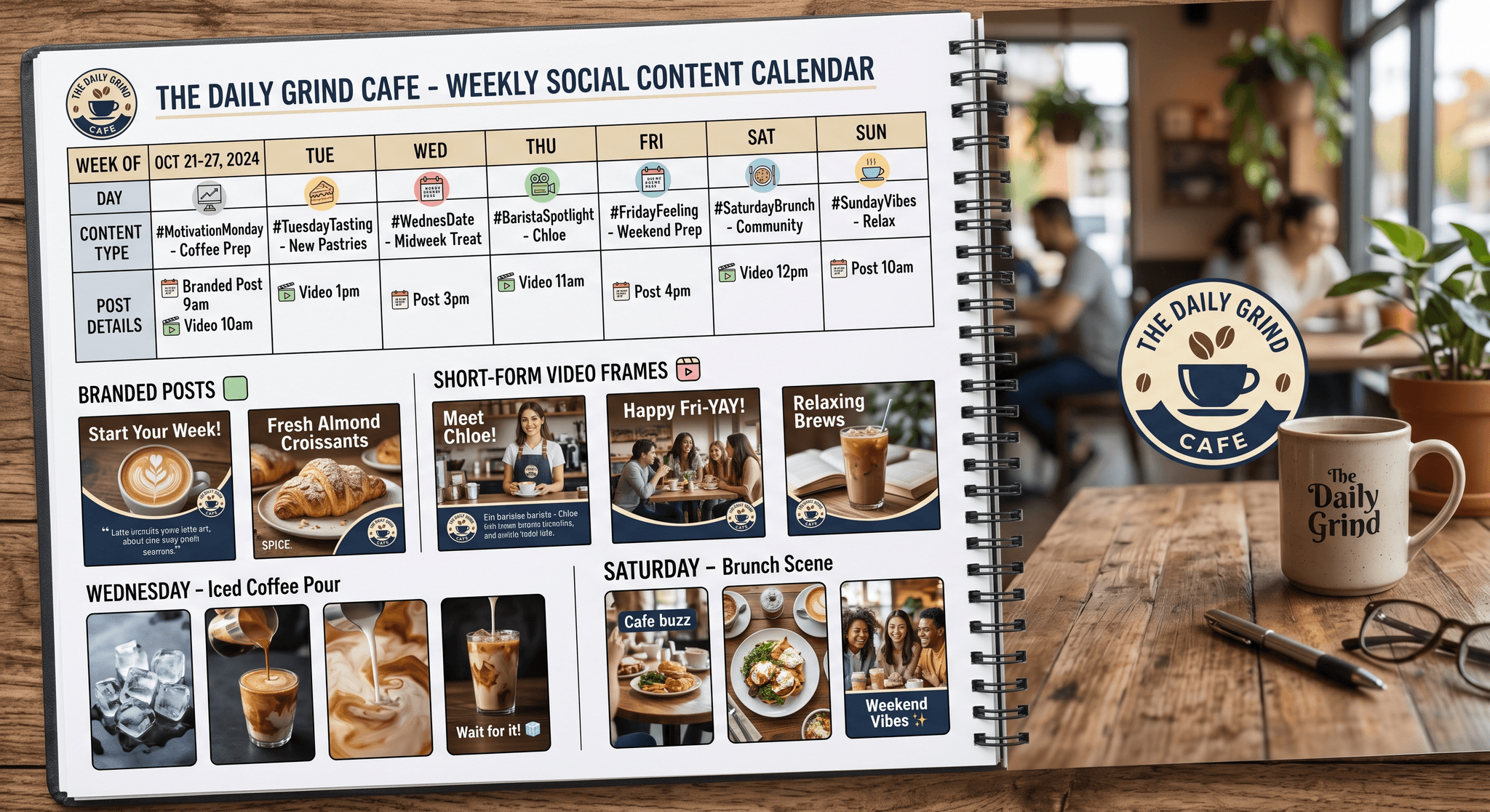 A planned social content calendar with branded post designs and short-form video frames