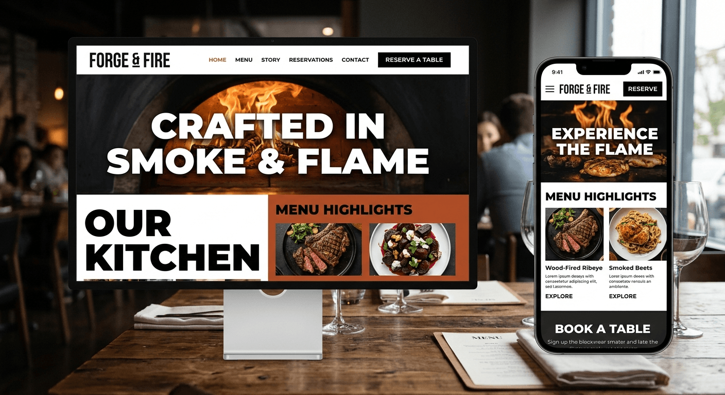 A custom website design shown across desktop and mobile with bold layout and typography