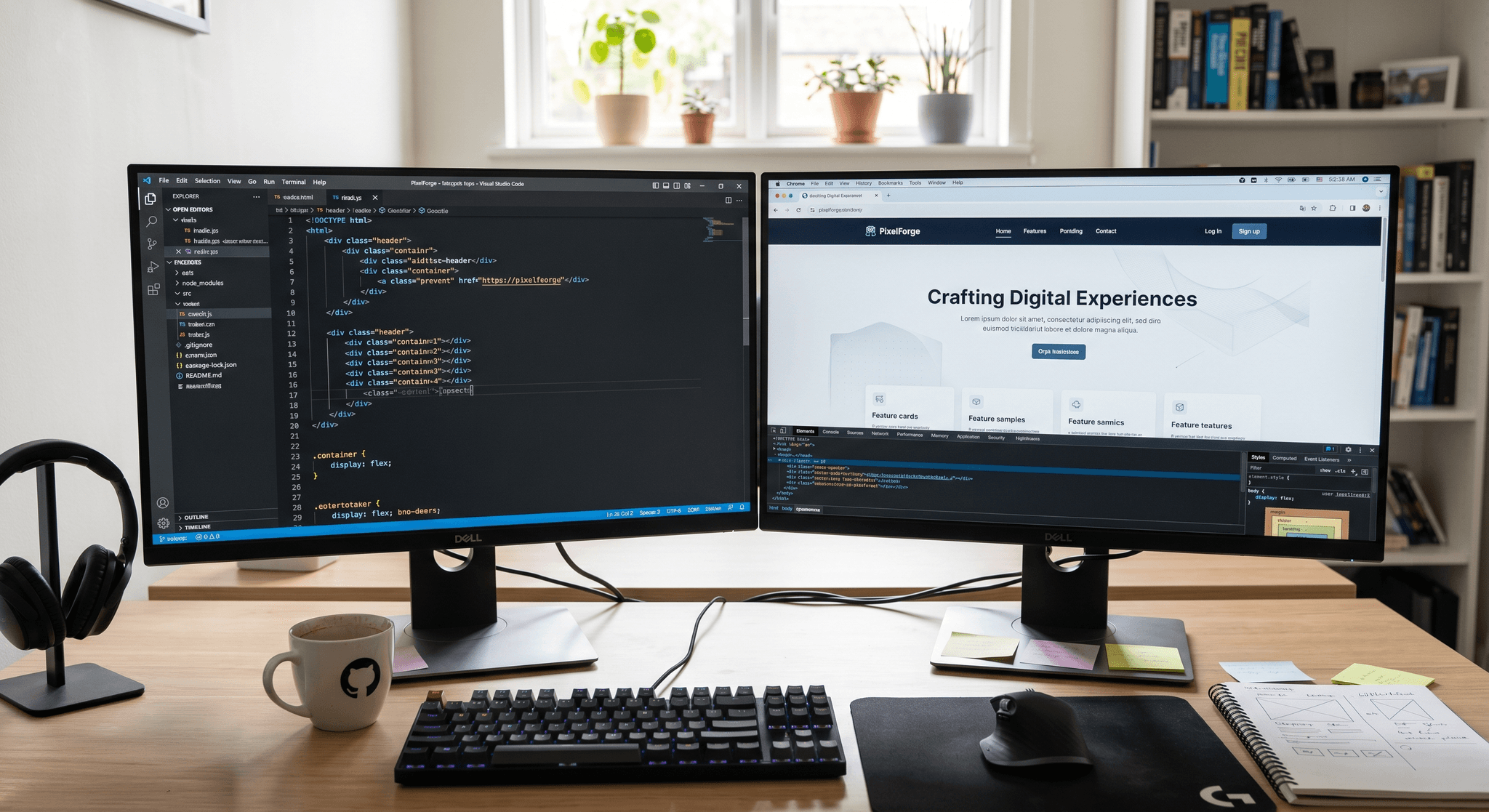 A developer workstation showing custom website code alongside the live, rendered site