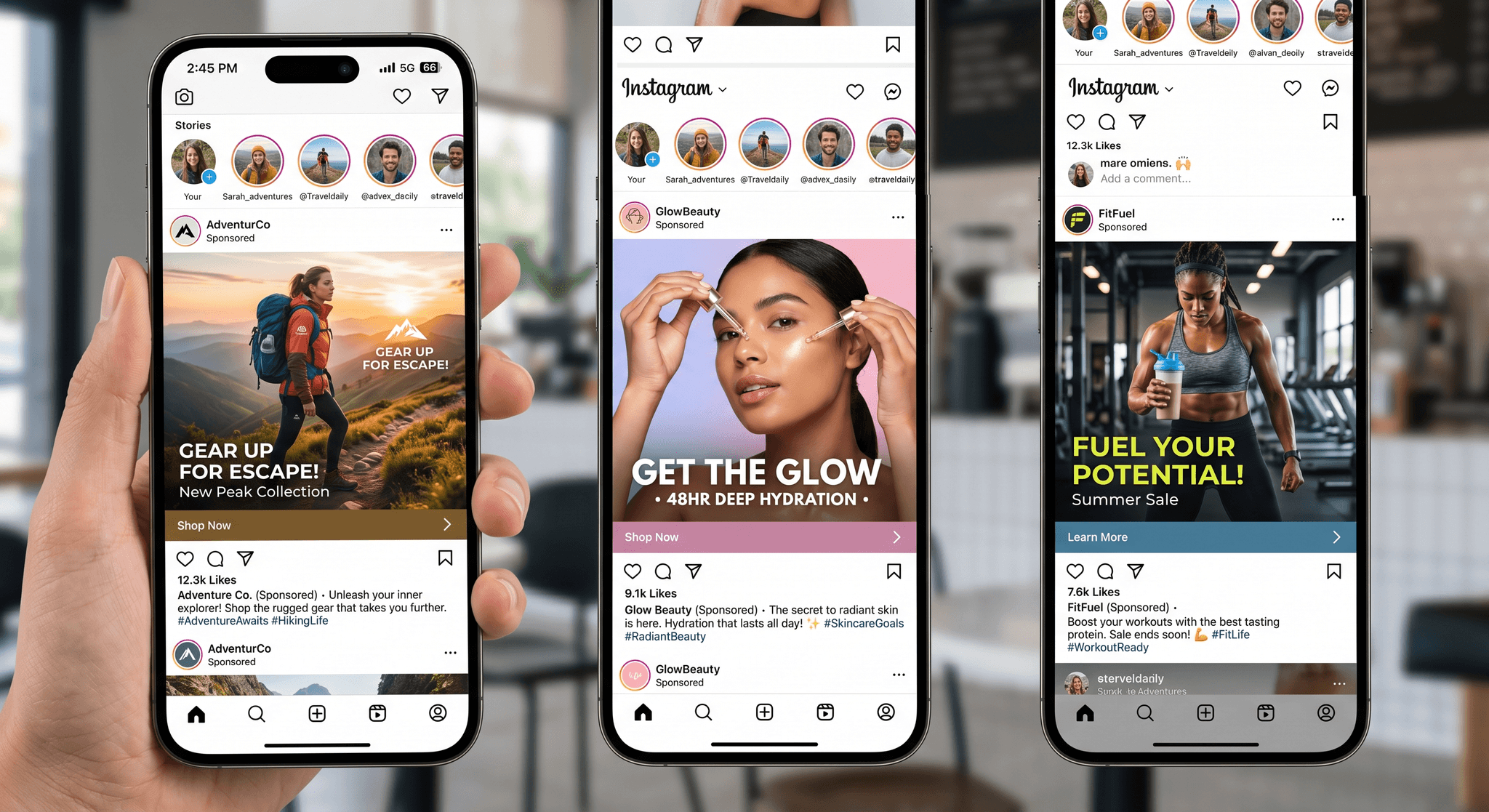 A set of paid social ad creatives with strong visuals shown in a feed mockup