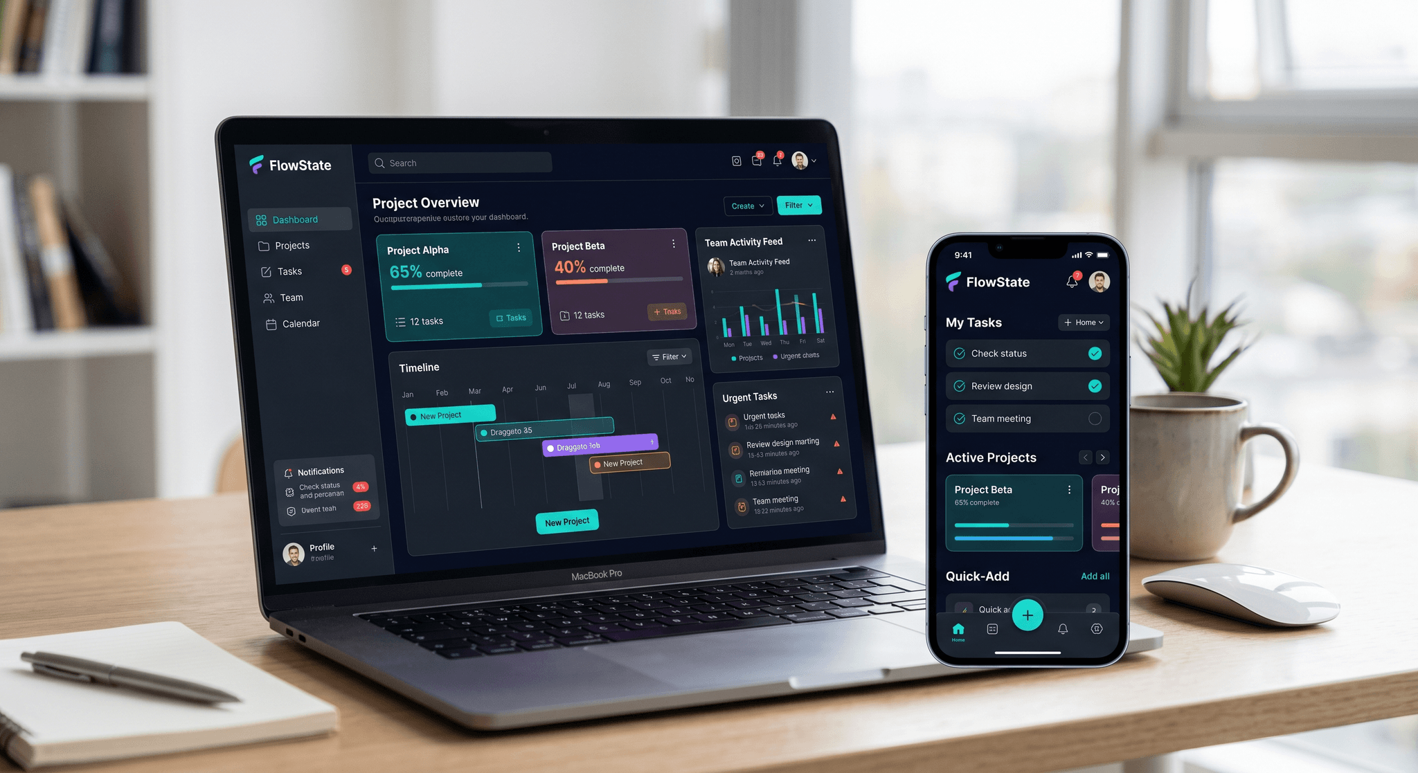 A custom application interface shown on a laptop and phone with an interactive, modern UI