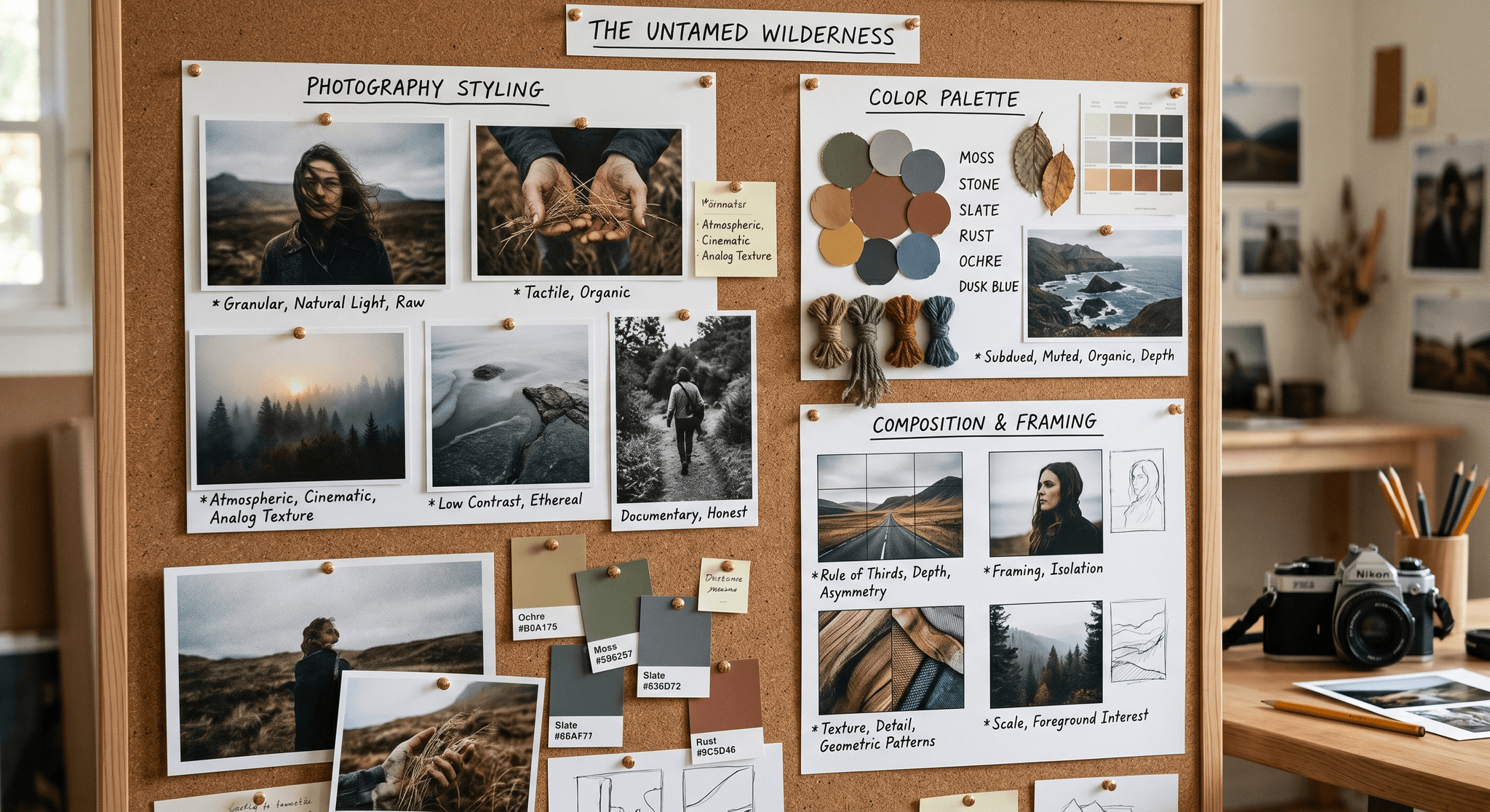 A mood and art-direction board with photography styling, color, and composition references