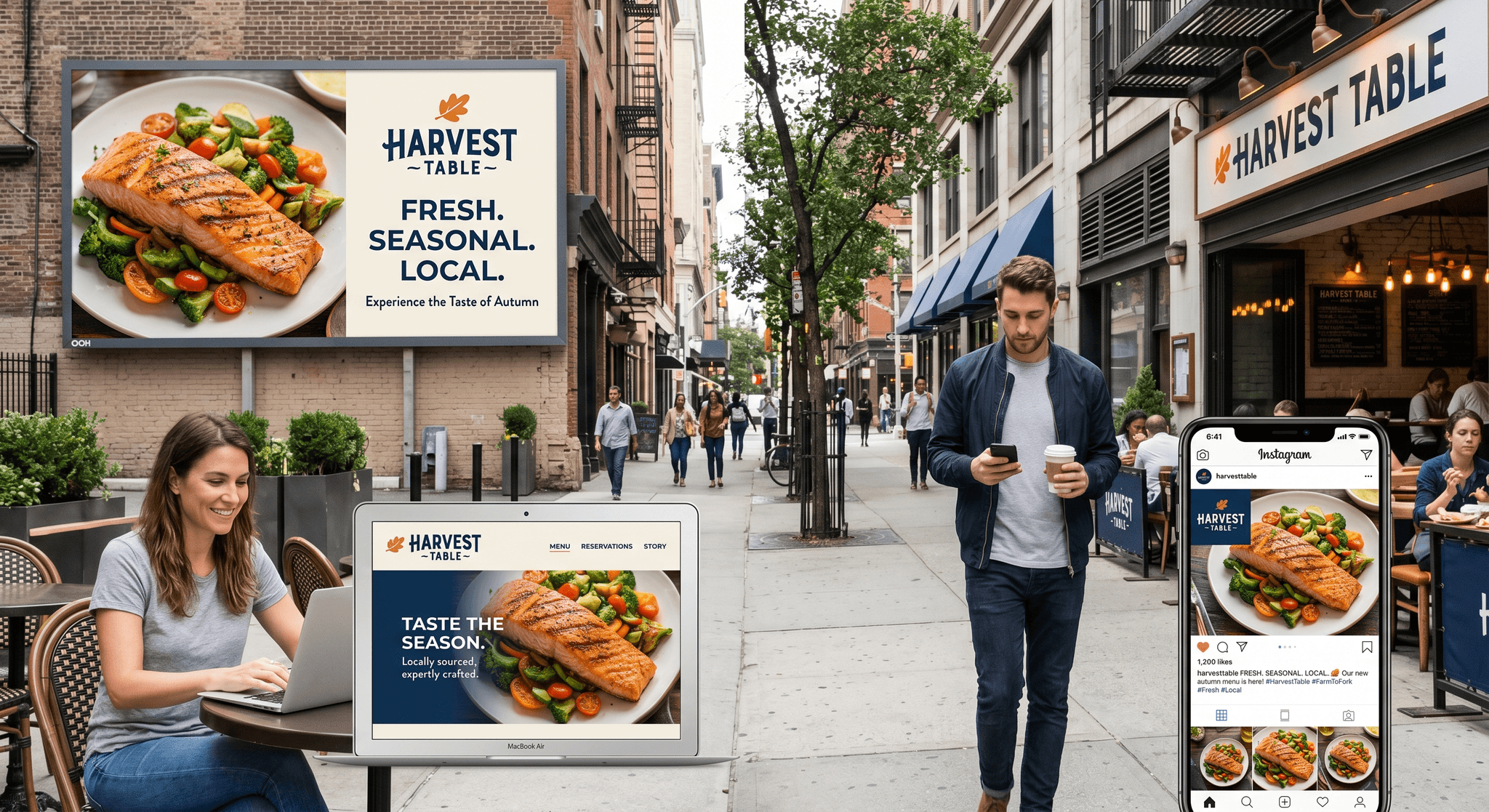 A multi-channel campaign shown across social posts, web, and out-of-home in a consistent style