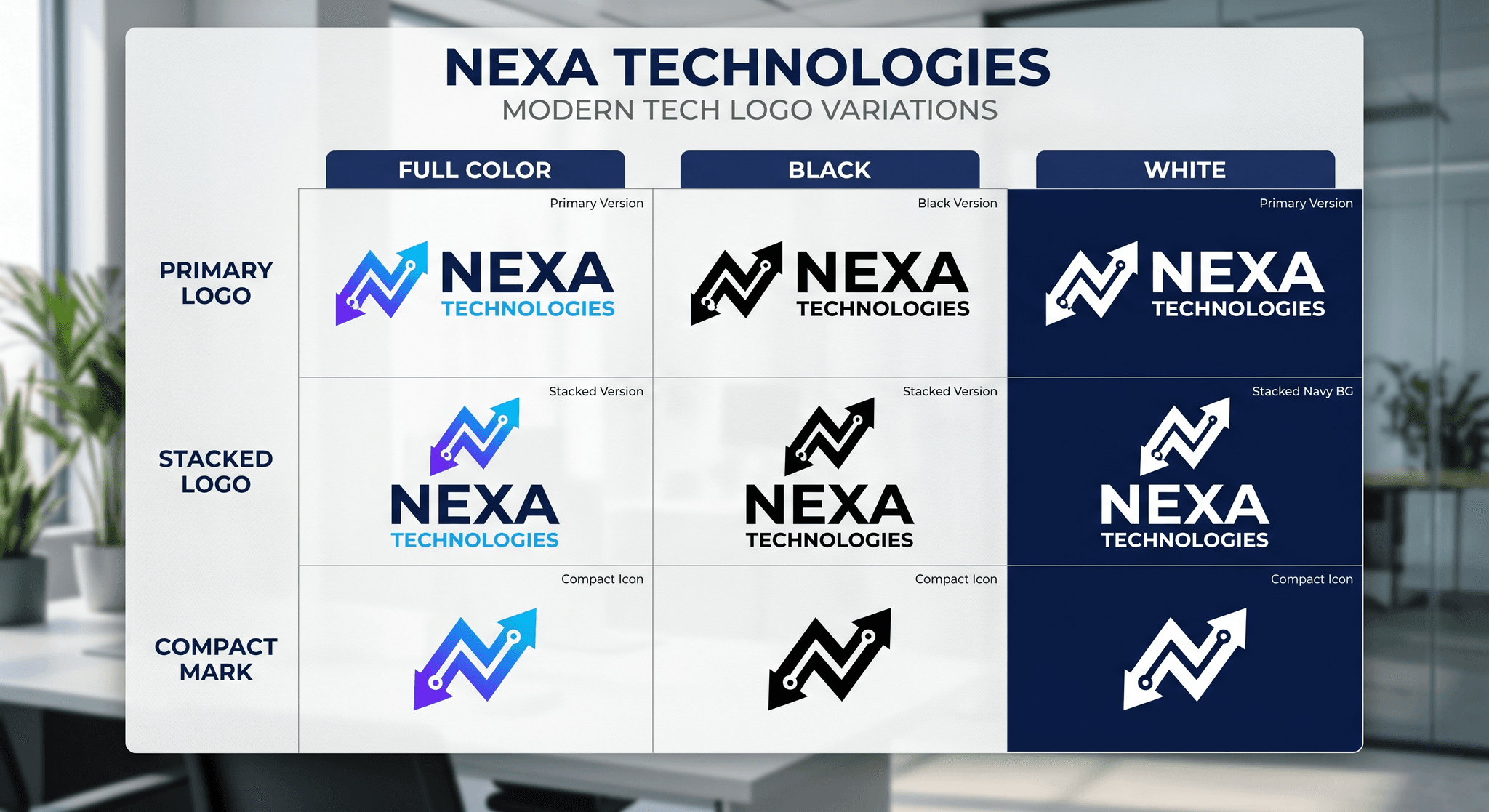 A custom logo shown in primary, stacked, and compact mark versions in black, white, and color