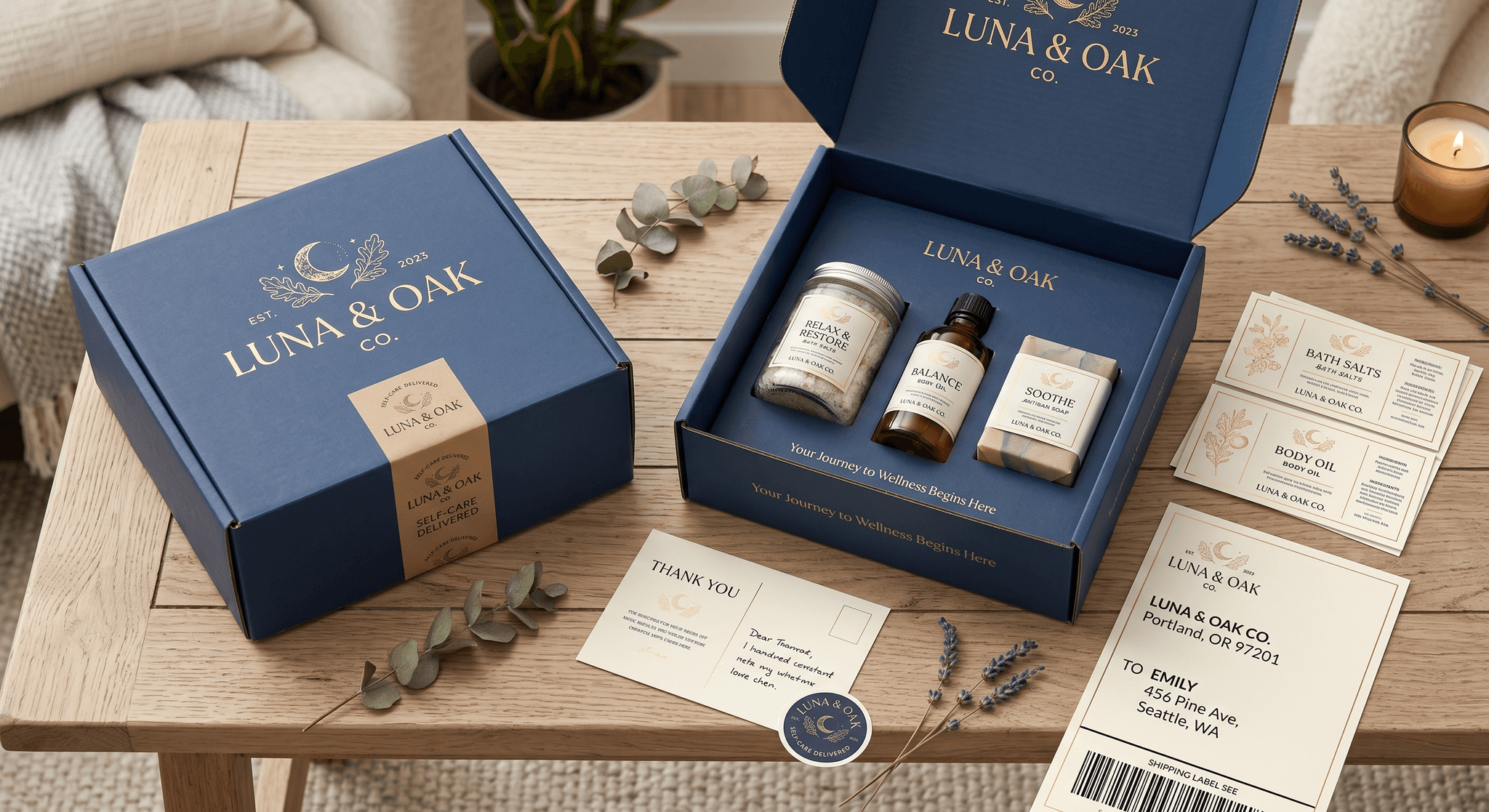 Custom branded packaging and an unboxing layout showing box, insert, and label design