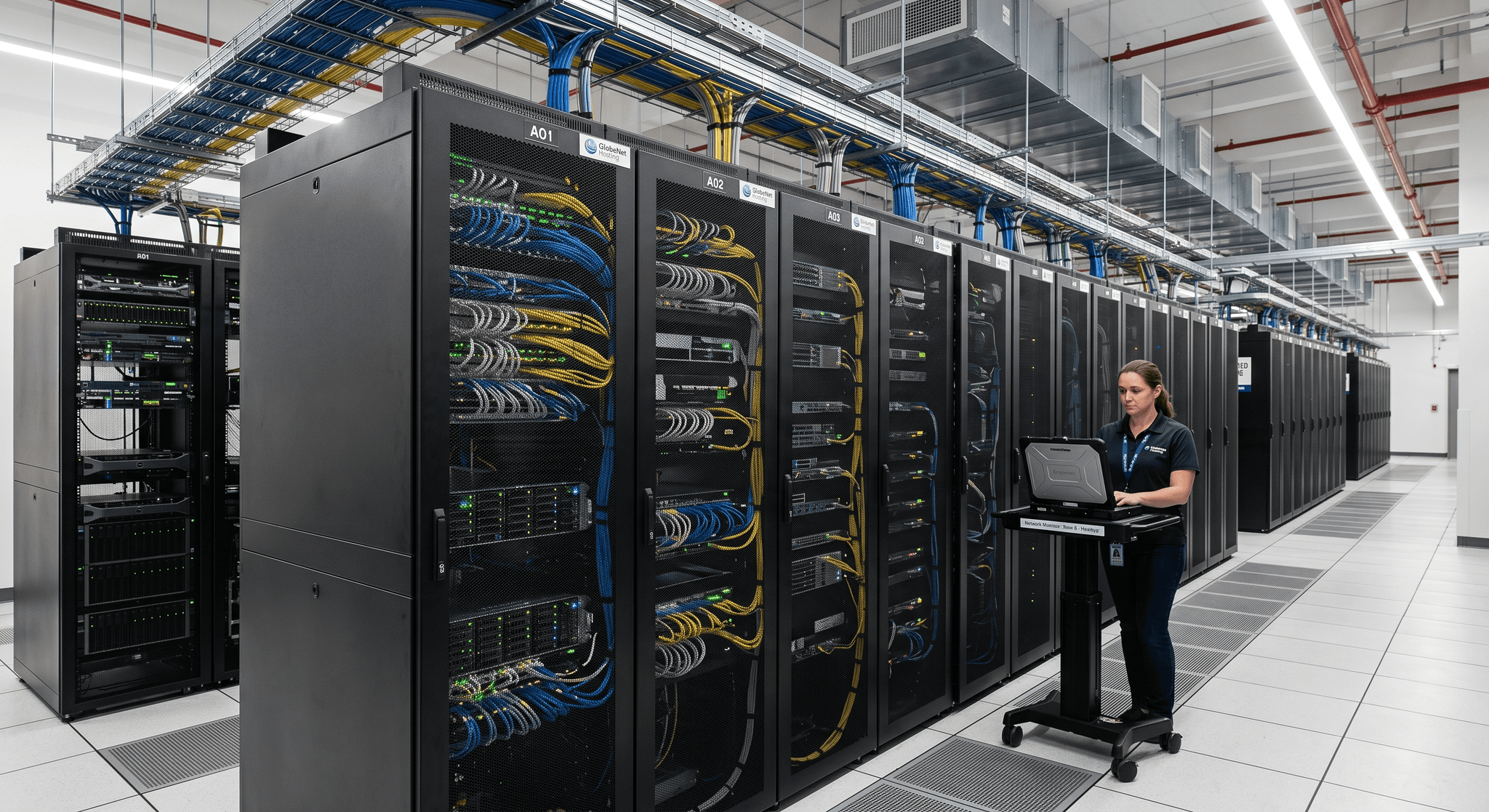 Server racks in a data center representing owned, managed website hosting infrastructure
